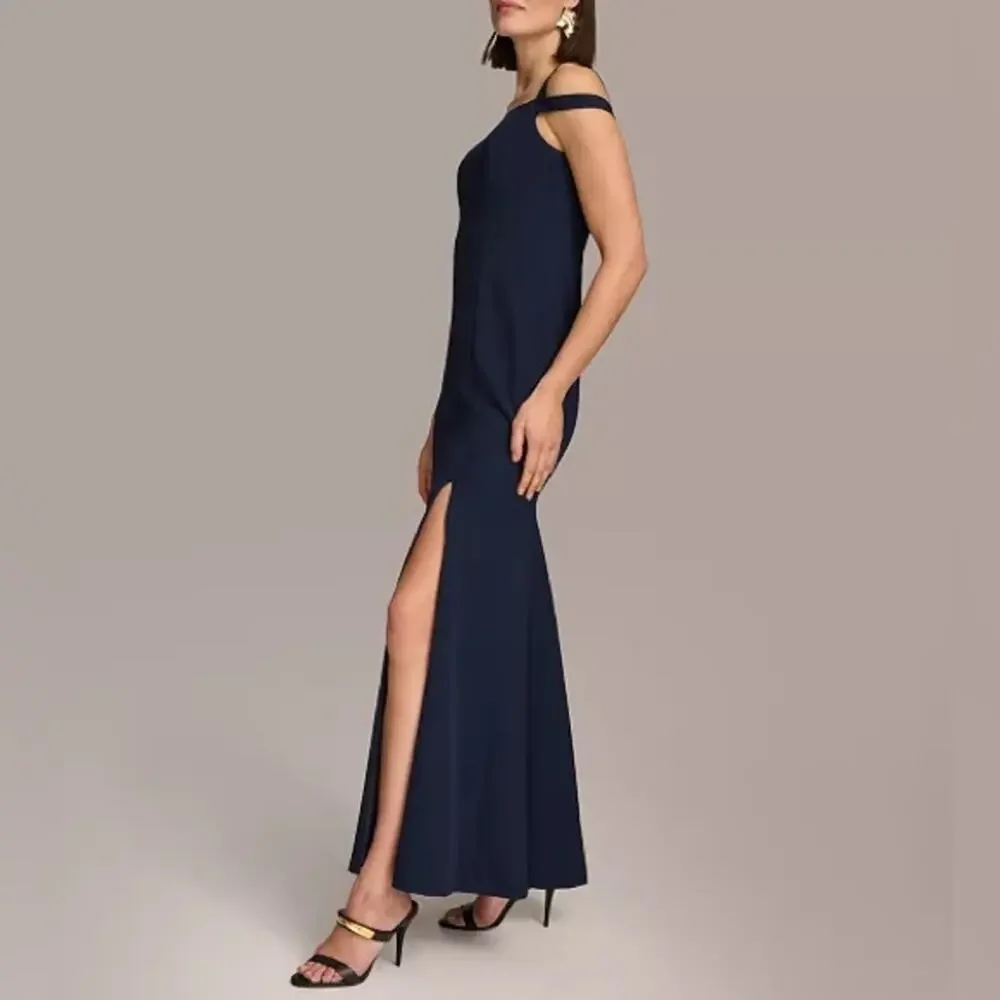 Donna Karan Women's Sweetheart-Neck Cold-Shoulder Gown Navy Sz 14